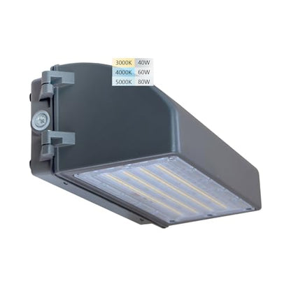 80W LED Wall Pack Light, with Dusk to Dawn with Photocell, 10400LM 80W/60W/40W Switchabie, 3000K/4000K/5000K Adjustable, 100-277 Vac Commercial Industrial LED Wall Light for Outdoor ETL