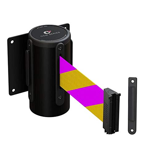 Crowd Control Warehouse Fixed Wall Mount Retractable Belt Barrier, 11 Ft - color: Yellow & Magenta Diagonal Stripes, size: Solid Color
