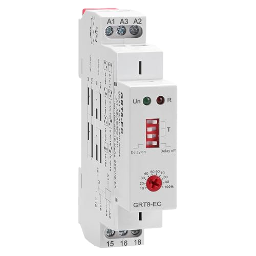 10A Timer Relay On Delay or Off Delay GRT8-EC Dual Function, 24V Time Relay On Delay or Off Delay Adjustable Wide Time Delay Range for 0.1Seconds to 10Days AC220V or DC24V Relay in Din Rail