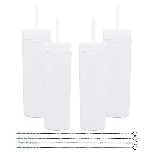 Volhoply 16oz Plastic Skinny Tumbler with Lid and Straw Bulk 4 Pack,Insulated Double Wall BPA Free Matte Acrylic Tumblers,Iced Coffee Travel Mug Reusable Party Cup,Customizable Diy Gifts(White,4 Set) - color: White