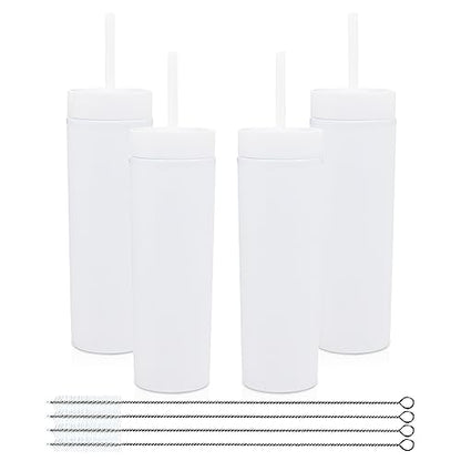 Volhoply 16oz Plastic Skinny Tumbler with Lid and Straw Bulk 4 Pack,Insulated Double Wall BPA Free Matte Acrylic Tumblers,Iced Coffee Travel Mug Reusable Party Cup,Customizable Diy Gifts(White,4 Set) - color: White