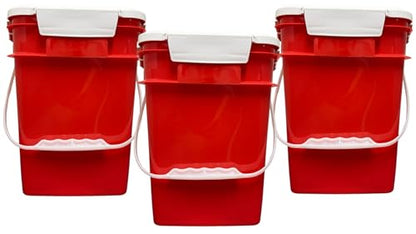 House Naturals 4 Gallon Square Food Grade Bucket Pail with Plastic Handles and Lid (Pack of 3) Made in USA containers (RED-White Lids) - color: Red-white Lids