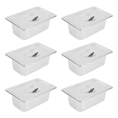 6 Pack Stainless Steel Hotel Pans with Lids, 1/9 Size or 1/4 Size Commercial Metal Food Catering Trays for Steam Table, Buffet Serving, Food Storage & Preparation (1/4 Size 3.6Qt) - size: 1/4 Size 3.6Qt