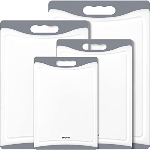 Empune BPA-Free Plastic Cutting Board for Kitchen with Juice Grooves, Extra Large Dishwasher Safe Cutting Boards Set of 4 with Handles, Thick Non-Slip Chopping Board for Meat, Fruit and Chicken, Grey - color: Gray