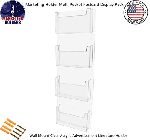 Marketing Holders Postcard Holder Clear Acrylic 4 Pocket Wall Rack with Hanging Hardware Holds 6 x 4 Printed Materials Mail Bin Messages Rack for Libraries Cruise Ships or Airports - size: 4 Pocket Vertical
