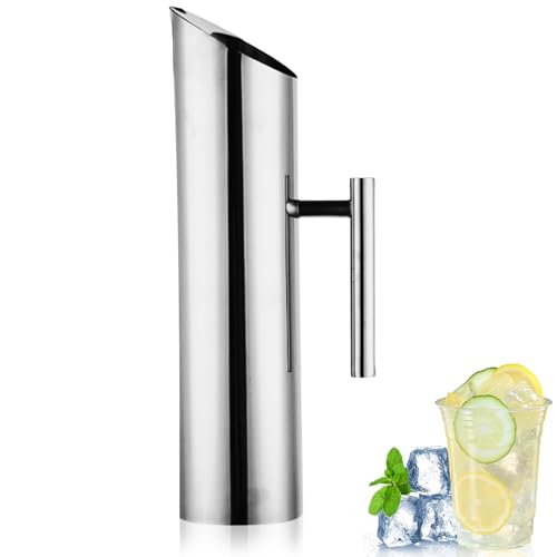 2L/68oz Stainless Steel Water Pitcher with Ice Guard, Modern Metal Water Pitcher Silver Carafe Drink Pitcher with Handle and Lid, Beverage Container Jug for Juice Coffee Milk, Iced/Hot Tea - size: Large