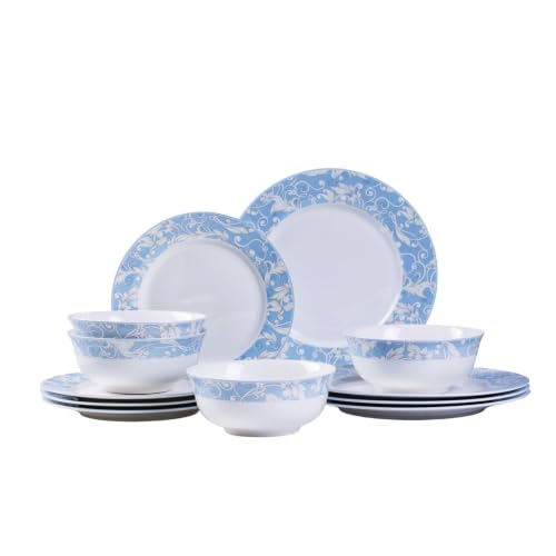 Bone China Dinnerware Set for 4, 12 Pcs White Plates and Bowls, Blue Rim - color: Light Blue