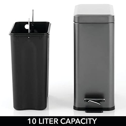 mDesign Pedal Bin — Waste Bin with Pedal, Lid and Plastic Bucket Insert for Bathroom, Kitchen, and Office — Metal Household Rubbish Bin with Ergonomic Design — Dark Grey - color: Graphite Gray, size: 2.6 Gallon