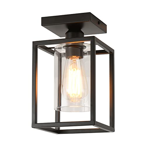 1 Pack Semi Flush Mount Black Metal Frame Ceiling Light with Clear Glass Shade, Farmhouse Fixture for Kitchen, Island, Entryway, Porch, Foyer, Dining Room - color: 1 Pack