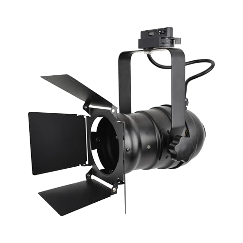 TRK9000 Industrial Track Light Head with Barn Door Flippers, Theater Studio Track Lighting for Showroom or Home, E26 Base PAR30 A19 ST64 Bulbs, Halo H‑Track Compatible, Black Metal