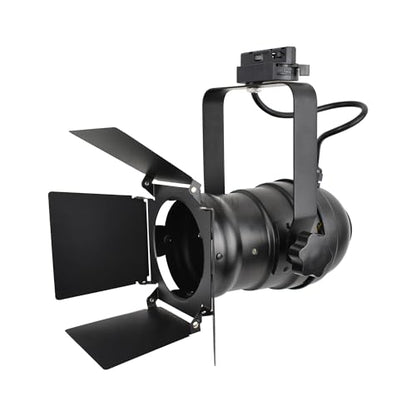 TRK9000 Industrial Track Light Head with Barn Door Flippers, Theater Studio Track Lighting for Showroom or Home, E26 Base PAR30 A19 ST64 Bulbs, Halo H‑Track Compatible, Black Metal