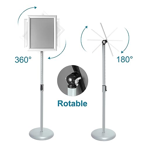 Adjustable Pedestal Poster Sign Stand with Heavy Duty Base Sign Holder Aluminum Snap Open Frame for 8.5 x 11 inches Both Vertical and Horizontal View Displayed Used for Living and Business(Silver）