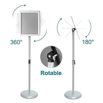 Adjustable Pedestal Poster Sign Stand with Heavy Duty Base Sign Holder Aluminum Snap Open Frame for 8.5 x 11 inches Both Vertical and Horizontal View Displayed Used for Living and Business(Silver）
