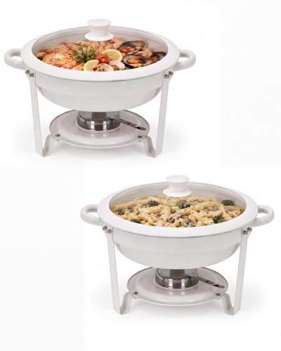 GarveeHome 5QT Round Chafing Dish Buffet Set of 2, Maifanite-Coated White Chafing Dish with Transparent Lids, Stainless Steel Commercial Food Warmers for Parties, Weddings, Restaurants & Catering - size: 5QT-2 Pack