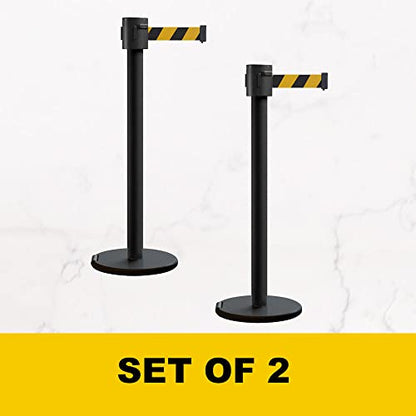 Montour Line ME760 Set of 2 Retractable Belt Barrier Stanchions, 35 Ft - color: Green and White Diagonal, size: Black Powder Coated