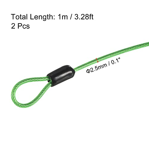 PATIKIL Security Steel Cable 2.5mm x 1m/3.28ft Coated Luggage Lock Wire Rope with Double Loop Green 2 Pack - color: Green, size: 2.5mmx1m