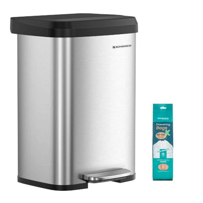 SONGMICS Kitchen Trash Can, 13-Gallon (50 L) Stainless Steel, Soft Closure - color: Silver + Black, style: 13 Gallons