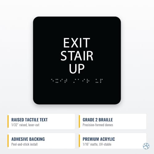 Alpha Dog Exit Stair Up Sign, 6x6 ADA Braille Sign, Black - color: Black, size: Exit Stair Up