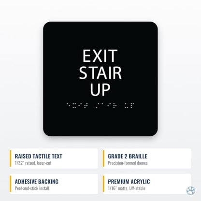 Alpha Dog Exit Stair Up Sign, 6x6 ADA Braille Sign, Black - color: Black, size: Exit Stair Up