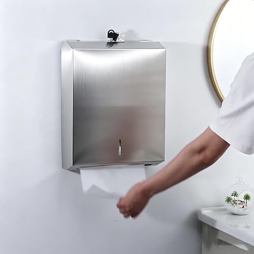 Comercial Paper Towel Dispenser Wall Mount, Brushed Stainless Steel Hand Towel Dispenser with Lock, Large Capacity 400 C-Trifold Multifold Paper Towel Holder for Bathroom Kitchen Office Public Places