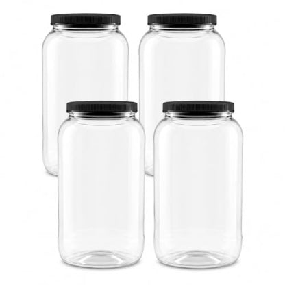 4 Pack - 128 oz (1 Gallon) Plastic Storage Jars with 110-400 Leak Proof Black Lids, Food Grade, BPA Free, Hand Wash Only (128oz, BLK, 4PK) - size: 4pk - 128oz, Black Lid