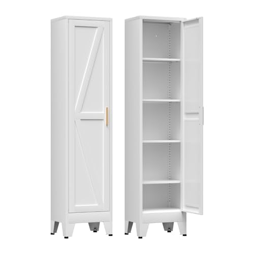 COFaR 67'' Tall Narrow Bathroom Storage Cabinet, Metal Farmhouse Skinny Pantry Cabinet with 4 Adjustable Shelves and One Door, Slim Cabinet Storage for Kitchen Laundry Garage, 5-Tier White - color: White, size: 11.81''D × 15.75''W × 66.93''H-L04