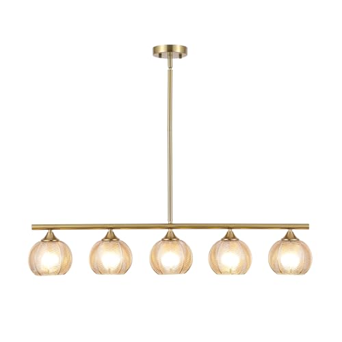 BYOLIIMA Modern Brushed Brass Linear Chandelier Amber Ribbed Glass Shade 5-Lights Gold Mid Century Sputnik Globe Pendant Light Farmhouse Ceiling Hanging Light Fixture Dining Room Kitchen Island - color: Gold/Amber