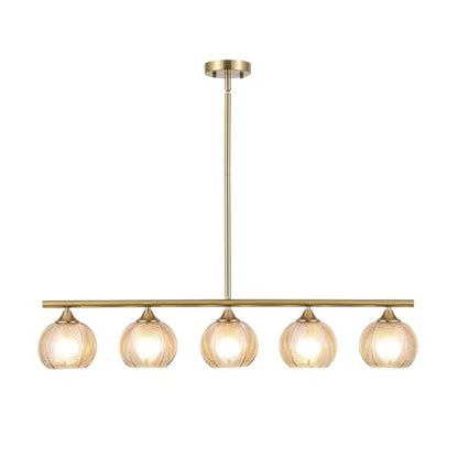 BYOLIIMA Modern Brushed Brass Linear Chandelier Amber Ribbed Glass Shade 5-Lights Gold Mid Century Sputnik Globe Pendant Light Farmhouse Ceiling Hanging Light Fixture Dining Room Kitchen Island - color: Gold/Amber