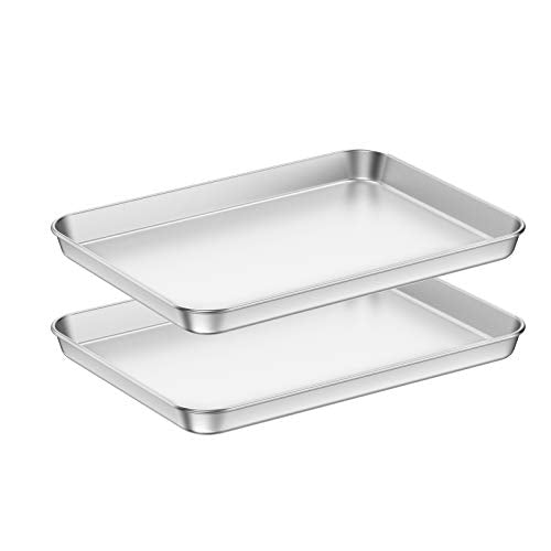 Baking Sheets 2 Pieces, Bastwe Cookie Sheets Set Stainless Steel Baking Pans Toaster Oven Tray Pans, Rectangle Size 12 × 10 × 1 inch, Rustproof & Healthy & Easy Clean & Dishwasher Safe - size: 12 inch