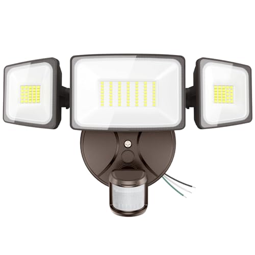 Onforu 75W LED Flood Light Motion Sensor Outdoor, 7000lm Dusk to Dawn Flood Light, Security Light with Three Head, IP65 Waterproof Exterior Floodlight, 6500k Wall Light for Entryway Stairs Yard Garage - color: Brown