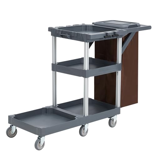 Commercial Traditional Janitorial 3-Shelf Cleaning Cart, Janitorial Carts on Wheels with Cover and Vinyl Bag, Custodial Cart, Housekeeping Carts for Hotels, Stores, Schools, and Business