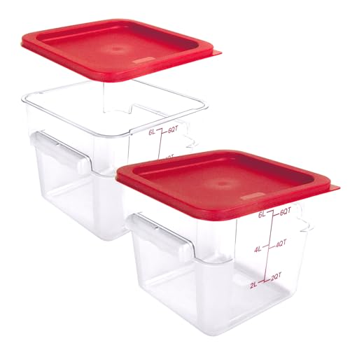 2 Pack Square Food Storage Container With Lid, 2-6 Quart Commercial Storage Box With Scale & Handle, Cake Making, Dough Marinating Meat, Kitchen Supplies (6 Quart) - size: 6 Quart-RED LID & MEASURING LINE