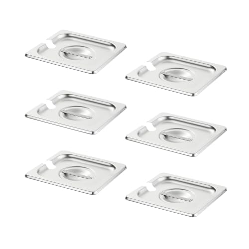 HECMAC 6-Pack 1/6 Size Notched Hotel Pan Cover, Heavy Duty, Stainless Steel Solid Steam Table Catering Food Pan Lid with Handle, 23 Gauge - size: 1/6 Size, Notched Lid