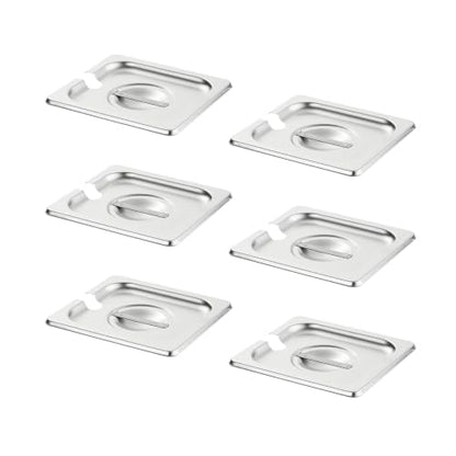 HECMAC 6-Pack 1/6 Size Notched Hotel Pan Cover, Heavy Duty, Stainless Steel Solid Steam Table Catering Food Pan Lid with Handle, 23 Gauge - size: 1/6 Size, Notched Lid
