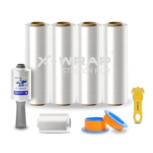 PRO 1000 Stretch Wrap for Furniture Wrapping & Moving, 15 Inch x 1000 Ft 70 Gauge with Rotating Handles, 4 Rolls + Bonus 4 Inch Mini Rolls & Safety Cutter, Heavy Duty Pallet Wrap Kit - size: 1000 ft