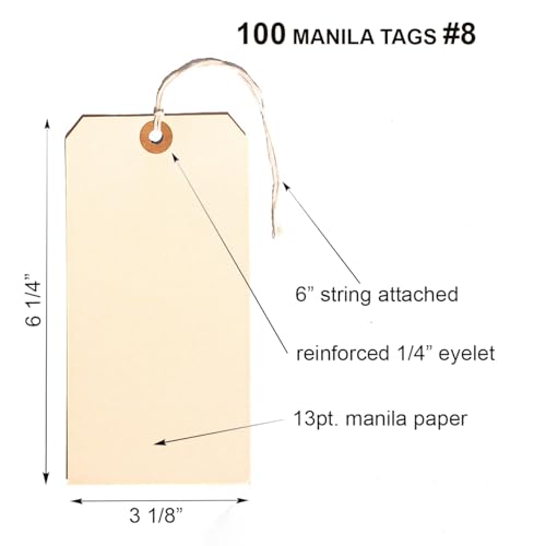 100 Large Manila Paper Tags with String Attached - # 8, 6 1/4" x 3 1/8" - Shipping Tags with String for Labeling, Blank Hang Labels with Ties (Pack of 3) - size: # 8, 6 1/4" x 3 1/8" (Pack of 3)