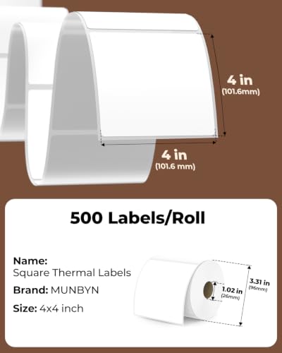 MUNBYN 4x4 Thermal Labels, 500 Sheets/Roll, White - color: White, size: 4x4"