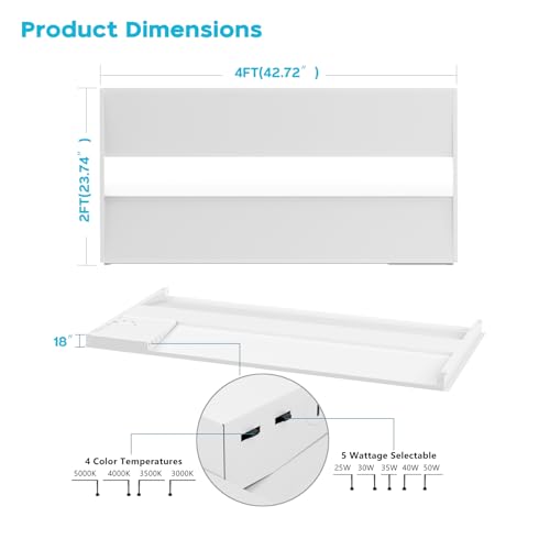 4 Pack 2x4 LED Troffer Light,4CCT 5WAAT Selectable,ETL&DLC Listed - size: 2×4 4PACK