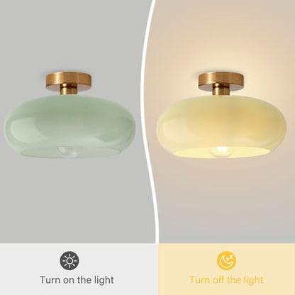 Mid Century Ceiling Light Fixture - Milk Glass Shade, Gold Modern Flush Mount Lamp for Hallway, Dining Room, Kitchen - color: Flush-Milk Green