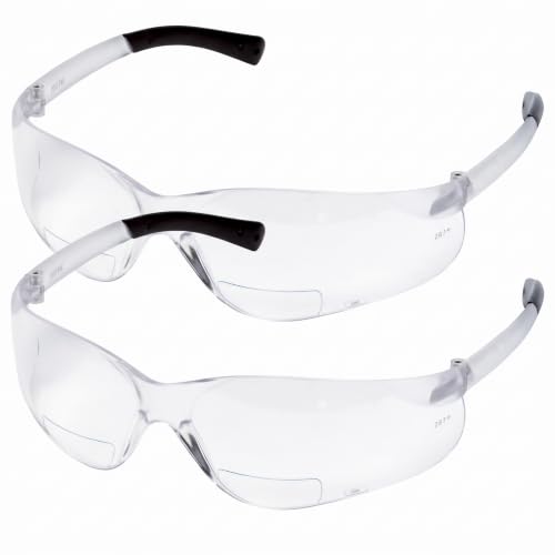 MCR Safety BearKat Magnifier Safety Glasses BKH20 Duramass Hard Coated Polycarbonate Lenses, Clear Lenses, Clear Frame with Clear Temple, Soft Nose Piece (Pack of 2) - color: Clear Lens, size: 2.0 Diopter (Pack of 2)