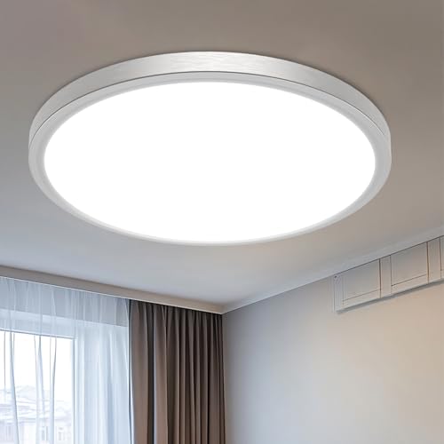 libtit 16 inch Flush Mount LED Ceiling Light Fixture, 3000K 4000K 6500K Adjustable, 36W 3200lm Brushed Nickel Satin Round Ceiling Lamp for Bathroom Shower Hallway Kitchen - color: Brushed Nickel, size: 16in-1Pack