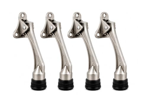 HOME&I 4" Kick Down Door Stopper, Zinc Alloy Door Stop with Leaf Spring & Non-Slip Saw-Tooth Rubber Foot, Screw Mount Door Holder for Wood, Tile, Carpet & Concrete Floors - color: Satin Nickel, size: 4 Inch x 4 Pack