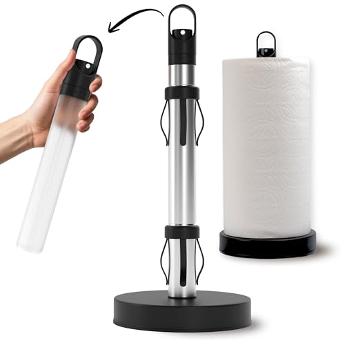 Stainless Steel Paper Towel Holder with Spray Pump – One-Handed Tear, Smart Traction System with Heavy Duty Suction Cups (Black, Spray Pump) - color: Black