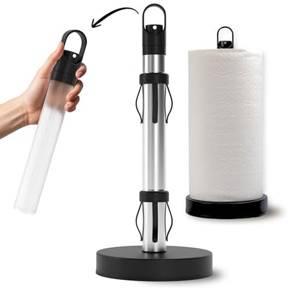 Stainless Steel Paper Towel Holder with Spray Pump – One-Handed Tear, Smart Traction System with Heavy Duty Suction Cups (Black, Spray Pump) - color: Black