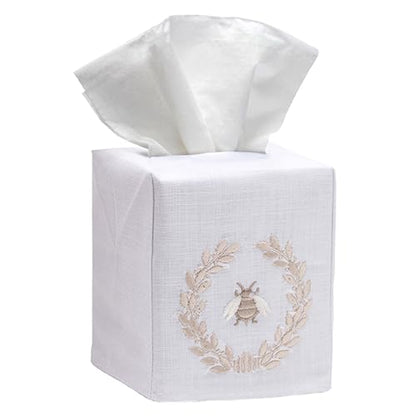 Jacaranda Living Square Tissue Box Cover, Linen/Cotton Fabric Tissue Holder, Decorative Cloth Tissue Cube Cover, Embroidered Bee Designs, Napoleon Bee Wreath (Beige) - color: Napoleon Bee Wreath (Beige)