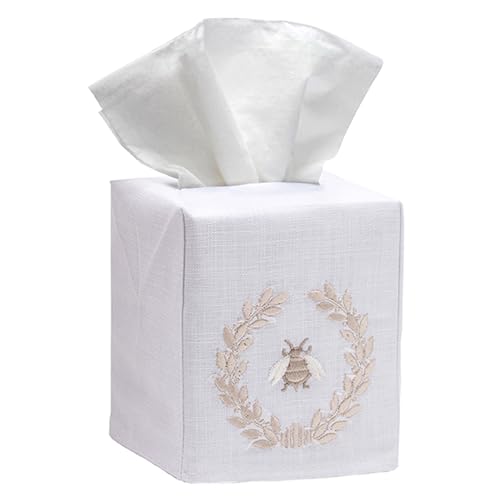 Jacaranda Living Square Tissue Box Cover, Linen/Cotton Fabric Tissue Holder, Decorative Cloth Tissue Cube Cover, Embroidered Bee Designs, Napoleon Bee Wreath (Beige) - color: Napoleon Bee Wreath (Beige)