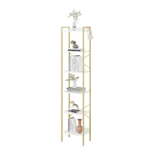 Hzuaneri Bookshelf, Book Shelf, Industrial Bookcase with 2 Hooks - color: White Gold, size: 9.4"D x 15.4"W x 72.8"H