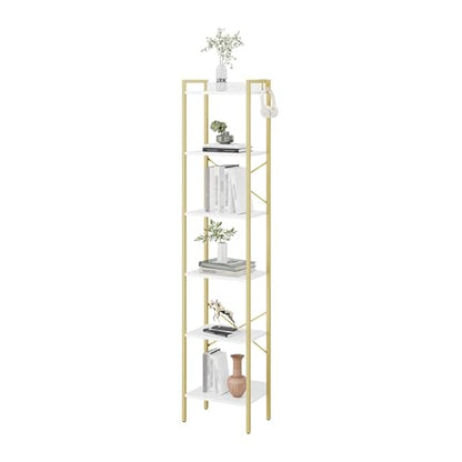 Hzuaneri Bookshelf, Book Shelf, Industrial Bookcase with 2 Hooks - color: White Gold, size: 9.4"D x 15.4"W x 72.8"H