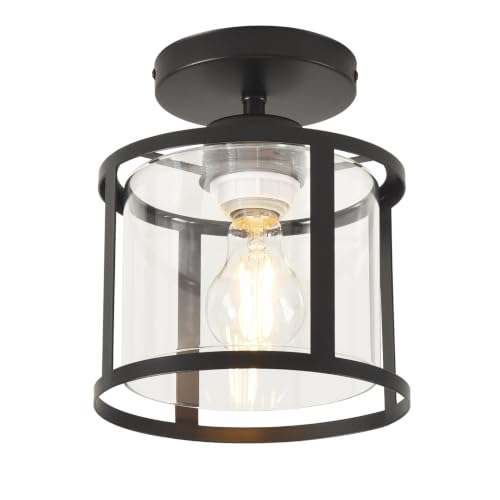 Semi Flush Mount Ceiling Light, Modern Kitchen Lighting Fixtures Ceiling, Rustic Ceiling Light Fixtures, Ceiling Lights with Glass Shade for Hallway Foyer Entryway Bedroom - color: 1 Pack Iron+Clear Glass, size: 1 Pack