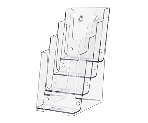 Marketing Holders 4”W Brochure Holder Displays Organizer Handout Take One Advertisements Tri-fold Brochures Acrylic Four Pocket Counter Top or Wall Mount Design Tiered Pamphlet Maps Menu